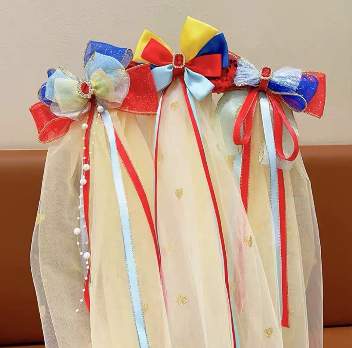 Snow White Children's Veil Girl Super Fairy Pearl Bow Hair Clip Girl Fringe Streamer Little Girl Hair Clip Specification drawing