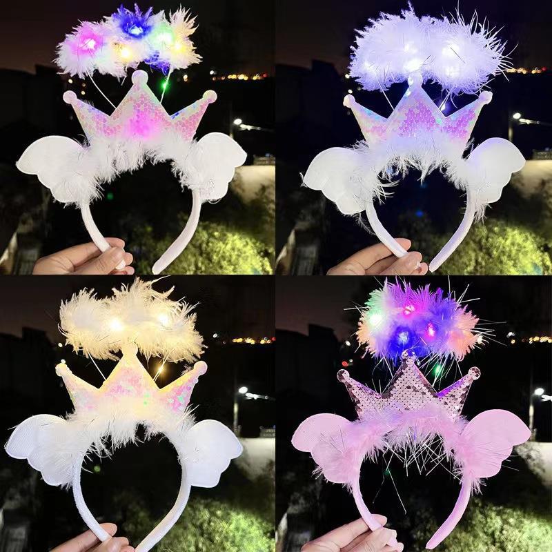 Street stall luminous crown angel headband flash, feather wings, headwear, princess ball headband toy wholesale, angel crown headband details Picture
