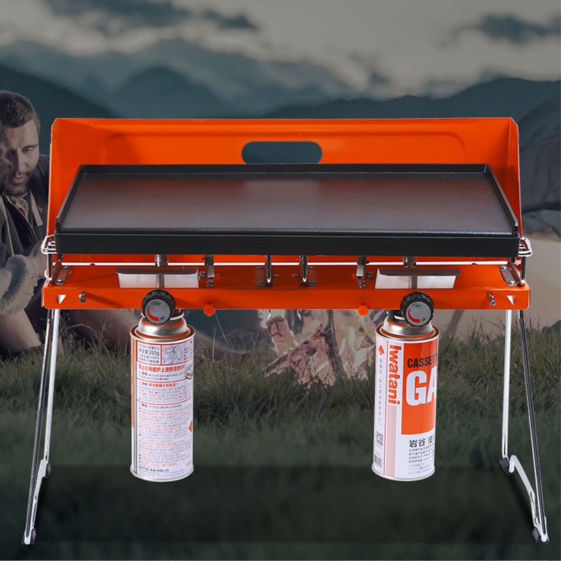 Camping outdoor double-head stove, windproof portable folding butane barbecue hot pot, dual-purpose cassette stove Specification image
