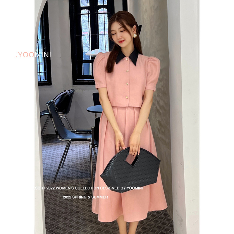 复古法式高腰半身裙套装女夏季新款高级感短袖上衣气质裙子两件套