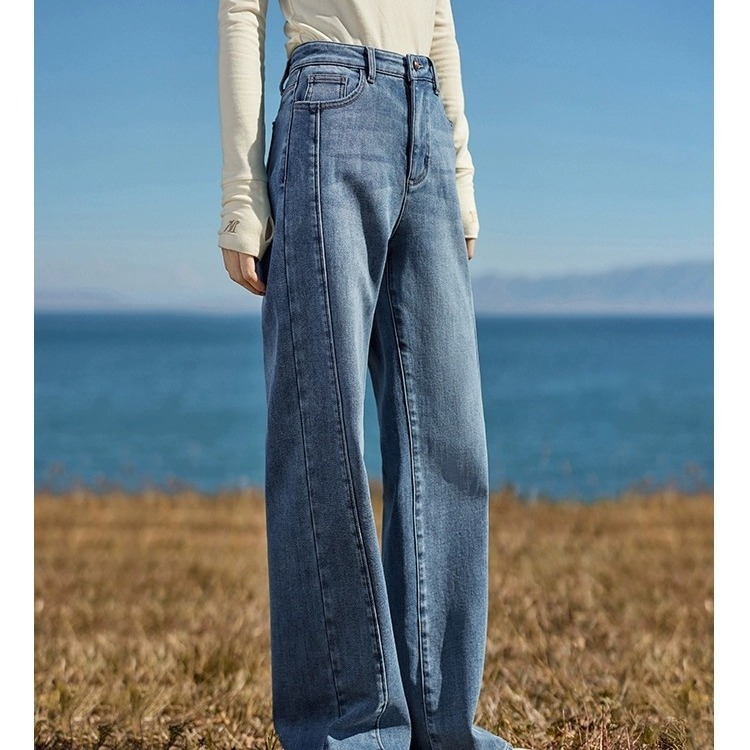 Yinmi Manman straight-leg fleece jeans for women 2024 Autumn New high-waisted, slimming, warm, wide-leg long pants