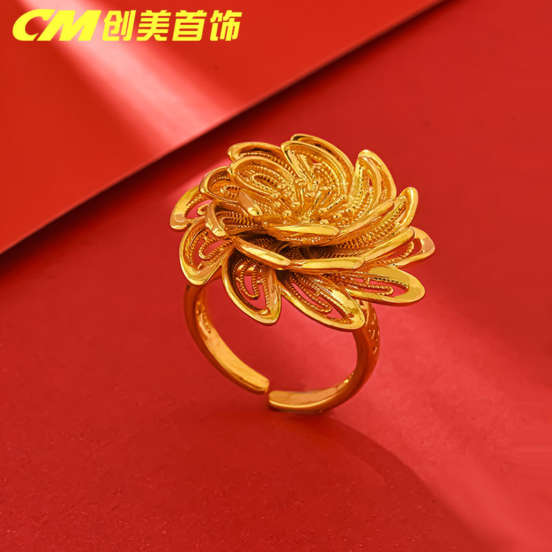 Chuangmei Jewelry's 24K gold-plated flower blooming prosperity ring is a unique and retro design for women's wedding rings