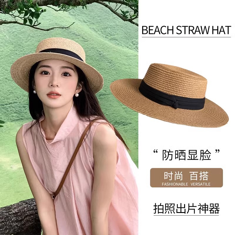 2025 French flat-topped straw hat for women, large-sized knitted top hat with a flat brim and a seaside beach vacation