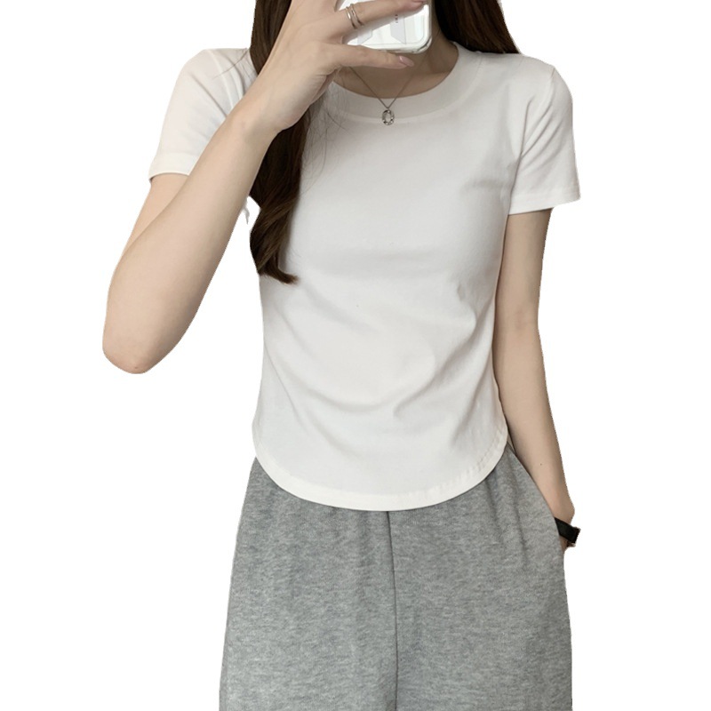 Select Cotton Irregular T-Shirt Women Short Sleeve 2024 Summer New Chic Waist Waist Blouse Slim Body T-Shirt Base Item Picture