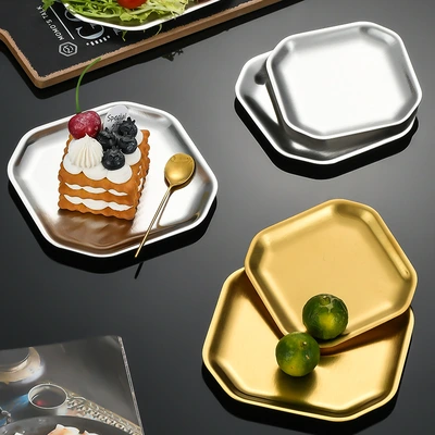 304 stainless steel plate, food-grade plate, golden Western cuisine pickles plate, commercial square tableware, ribs plate, thickened thumbnail