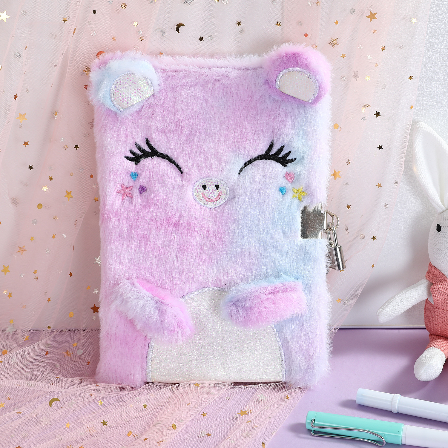 Qianyu Culture Cartoon Cat With Lock Plush Diary Children Gift Little Princess With Lock Notebook Student Girl Notebook details Picture