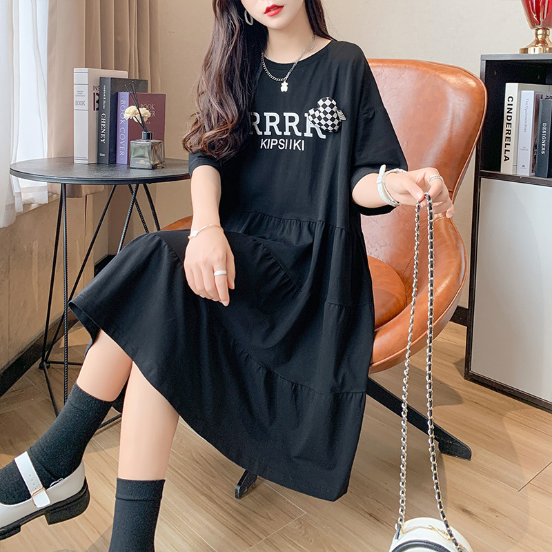 韩版潮流圆领短袖T恤女个性设计感字母宽松大码时髦中长款连衣裙详情图2