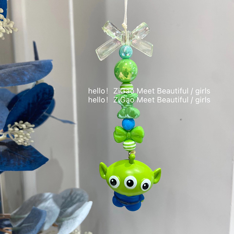 绿色多眼怪物搞怪手机链可爱蝴蝶结串珠链条饰品儿童背包挂饰现货