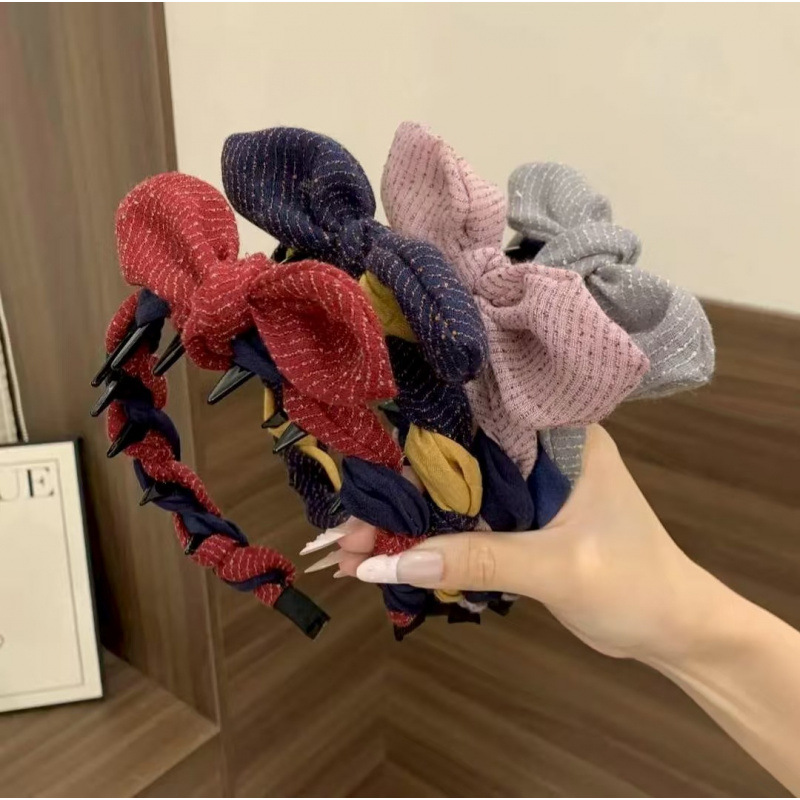两戴～耳朵可拆卸！早秋撞色深色棉麻反着戴齿梳兔耳朵发箍蝴蝶结
