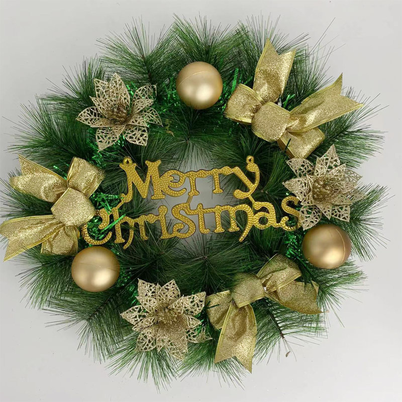 Cross-Border Christmas Decoration Pine Needle Wreath Handmade Christmas Bow Wreath Door Hanging Window Decoration Props Wholesale details Picture