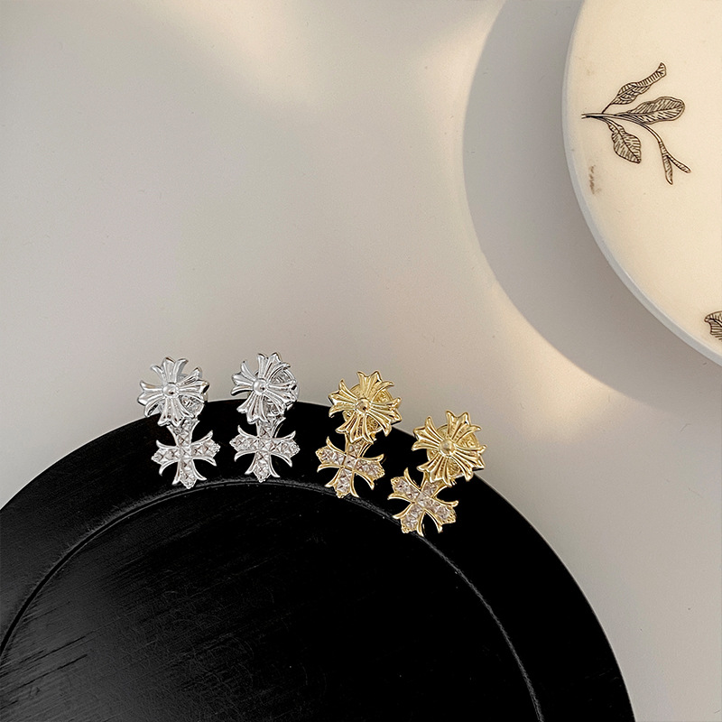 新款时尚高级设计前后两戴微镶十字架个性潮酷甜酷简约小众星状女