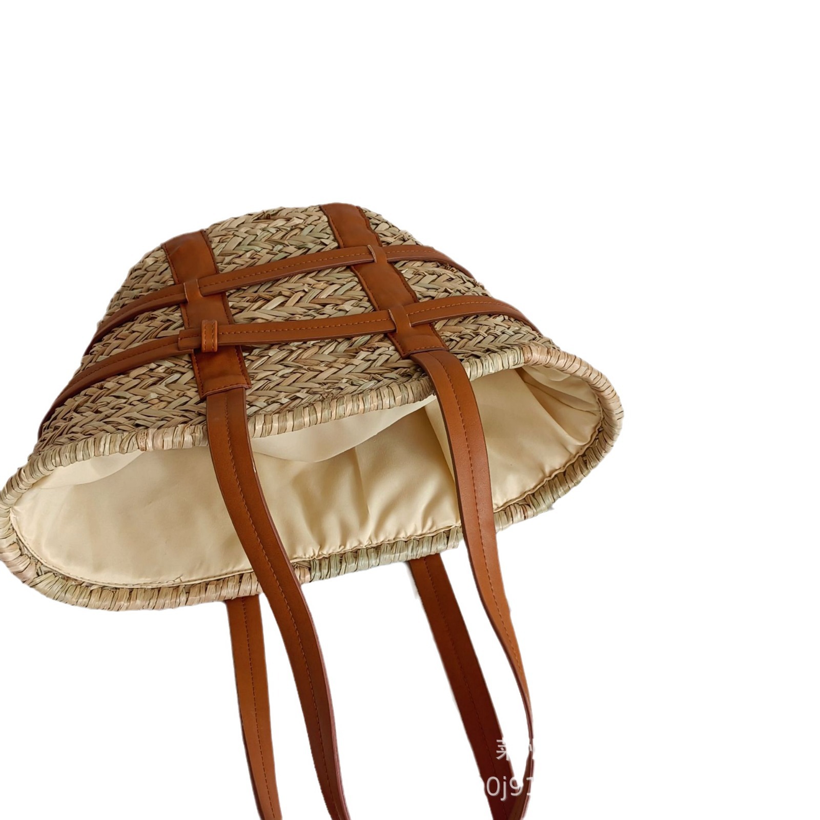New seaweed pocket single-shoulder bag, casual grid straw woven women's bag, beach bag, Lafite straw woven bag Item Picture