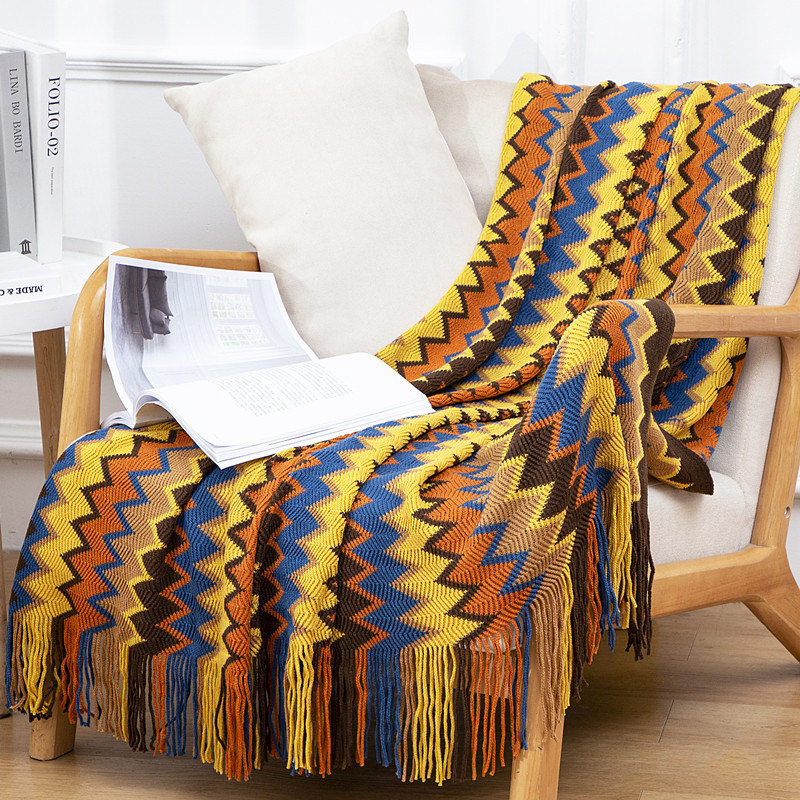 Wool Knitted Cross Border Sofa Blanket Cover Blanket Boho Tail Blanket Striped Fringe Blanket Summer Nap Blanket details Picture
