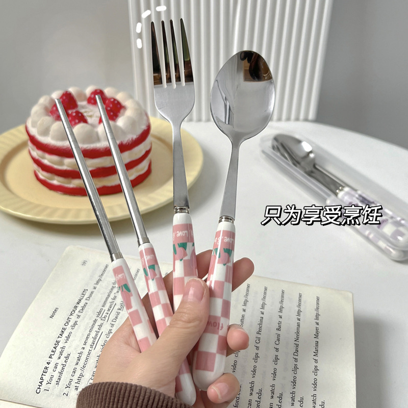 Chopsticks Spoon Set One Person With Fork Tableware Portable Chopsticks Single Set Cute Stainless Steel Tableware Chopsticks Spoon Set Specification drawing