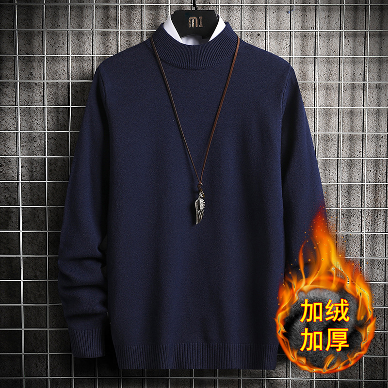 Fleece and thickened semi-high-neck sweater for men 2022 autumn and winter new solid color Korean-style long-sleeved warm woolen knitted sweater details Picture