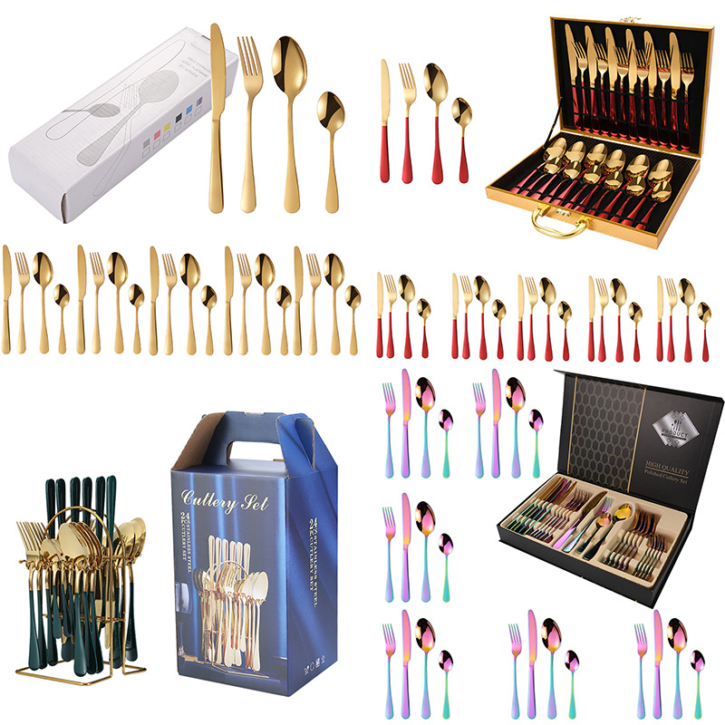 Factory direct supply Amazon stainless steel tableware 24-piece set, hanging rack, gold and wood box, Western kitchen knife, fork and spoon gift box set Item Picture