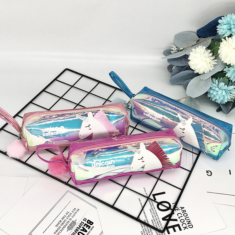 Cute and colorful fringed laser unicorn transparent pencil case with hairball, simple and creative student stationery box Application Scenario