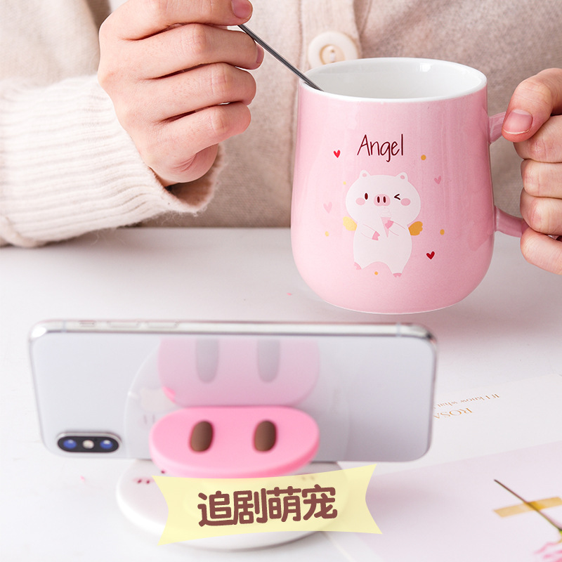 萌猪陶瓷杯手机支架卡通杯产品图