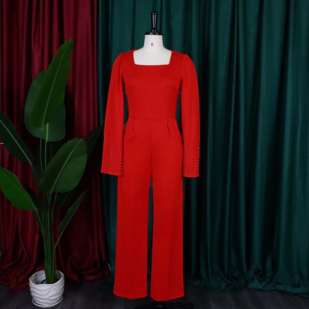 D244 comes with a belt and stands out at the 2022 autumn new collection of large-sized solid color wide-leg beaded cape European and American jumpsuits for foreign trade Application Scenario