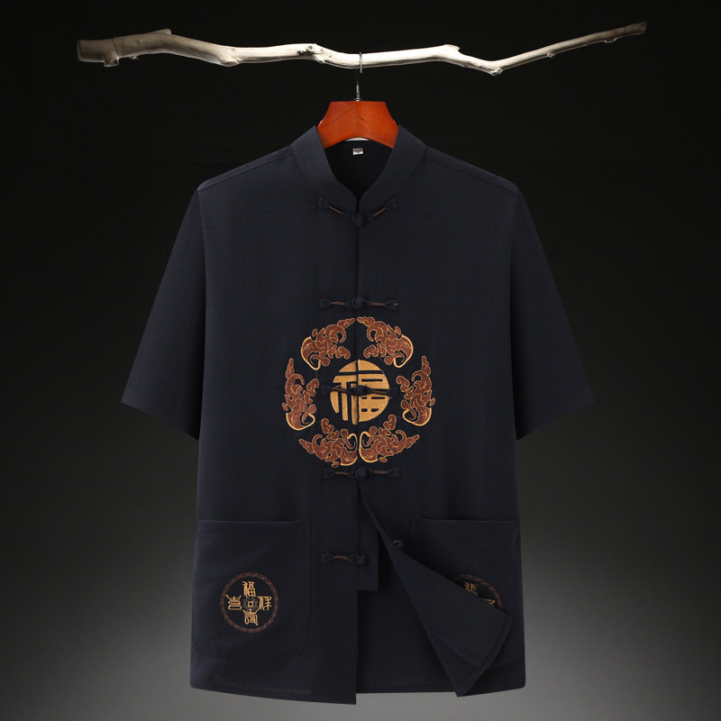 2022 Summer Short Sleeve Cotton Hemp Men Middle-Aged Red Summer Thin Hemp Cotton Leisure Large Size Tang Suit Male Wholesale details Picture