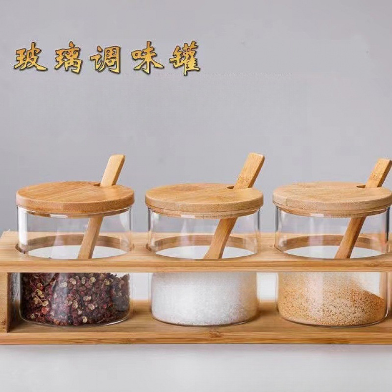 厨房调味罐直身玻璃调味罐套装家用调料盒调料瓶盐罐竹盖三件套盒
