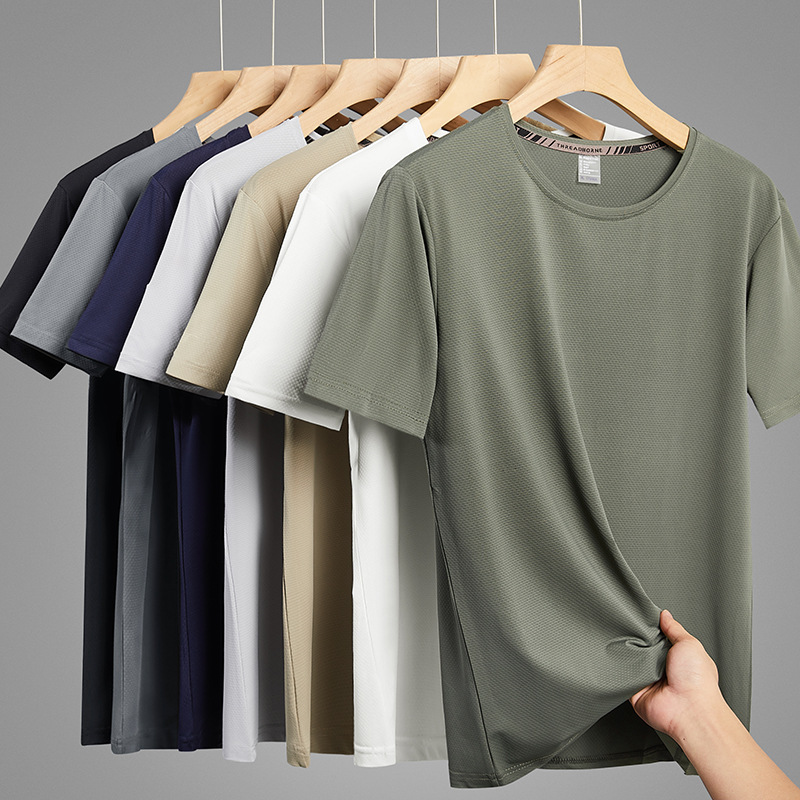 Ice Silk T-shirt short-sleeved men, ice silk mesh quick-drying breathable thin solid color casual summer youth round-neck T-shirt for men