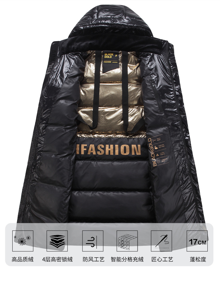 High-end black, gold and white goose down jacket 2024 long coat, knee-length, thickened for extremely cold winter warmth wholesale pic 8