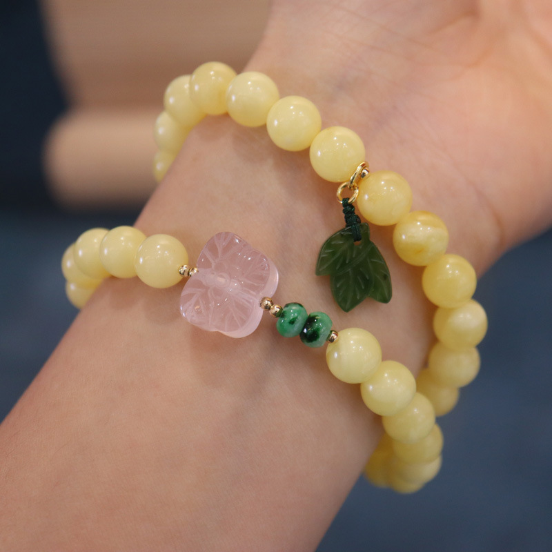 Natural 8MM double-layer beeswax bracelet with multiple circles of rose crystal butterfly gourds, retro bracelet, a perfect accessory for ladies to give to their best friends details Picture