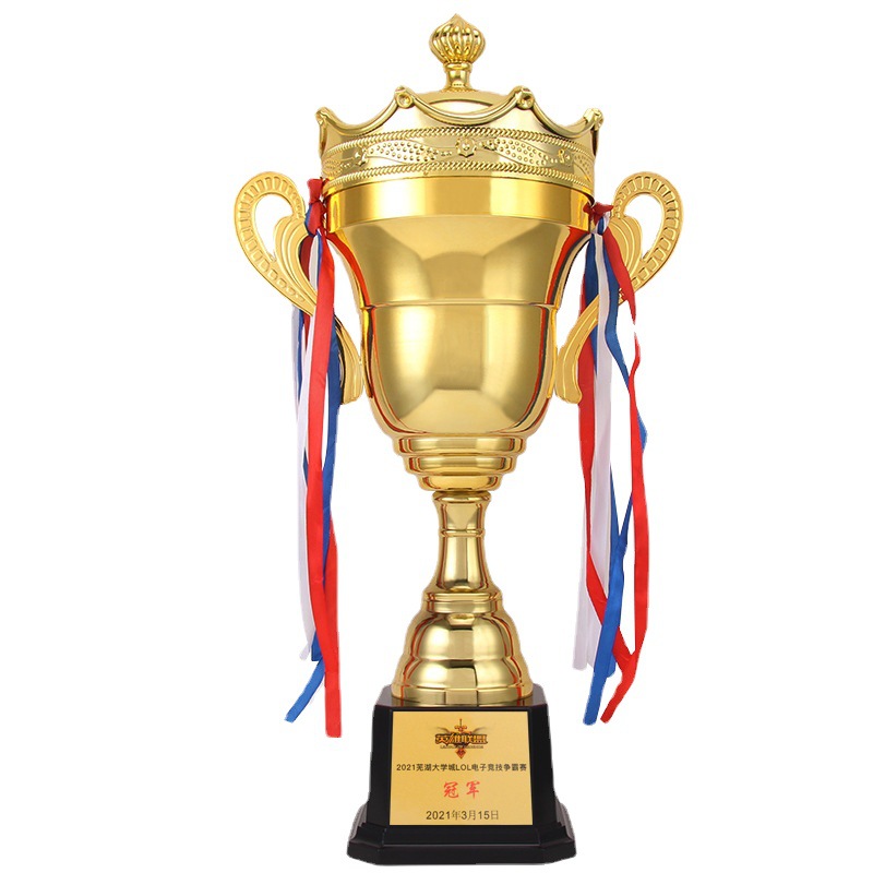 Metal universal large trophy, basketball and football sports meeting champion, alloy electroplated trophy, double-ear covered gold cup Item Picture
