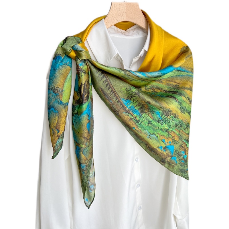 New Chinese Gifts For Women Chinese Style Thousands Of Miles Jiangshan Picture Large Square Scarf Imitation Silk Scarf Shawl Mother's Day Scarf Item Picture