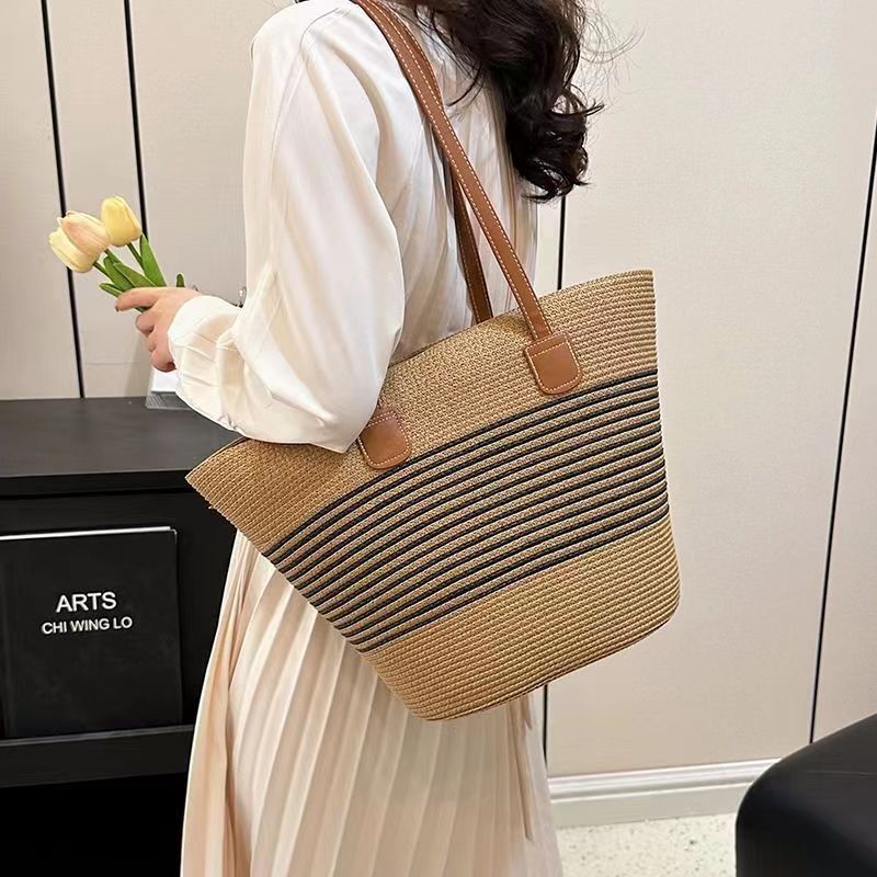 Autumn New Striped Straw Bag French Large Capacity Tote Bag Temperament Women's Bag Hand Bill Shoulder Bag
