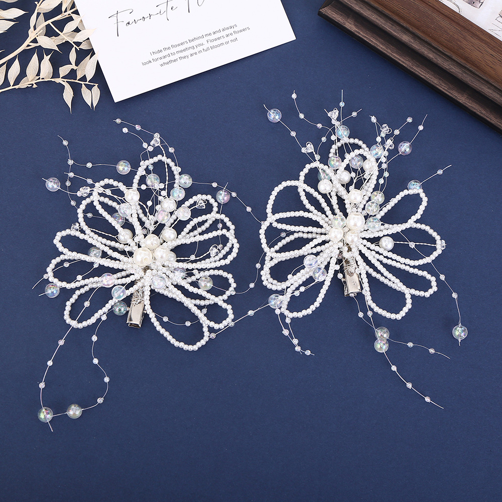 日韩新娘头饰森系珍珠发卡超仙灵动串珠边夹高级感婚纱发夹发饰详情1