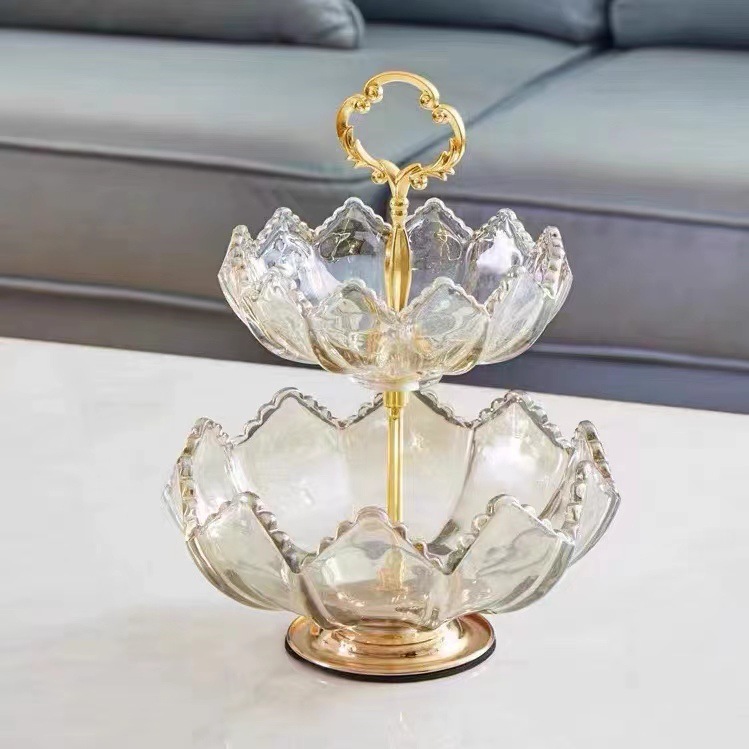 Light Luxury Glass Double Layer Fruit Tray Modern Creative Candy Tray Dry Fruit Tray Home Living Room Table Decoration Luxury Fruit Bowl Specification drawing