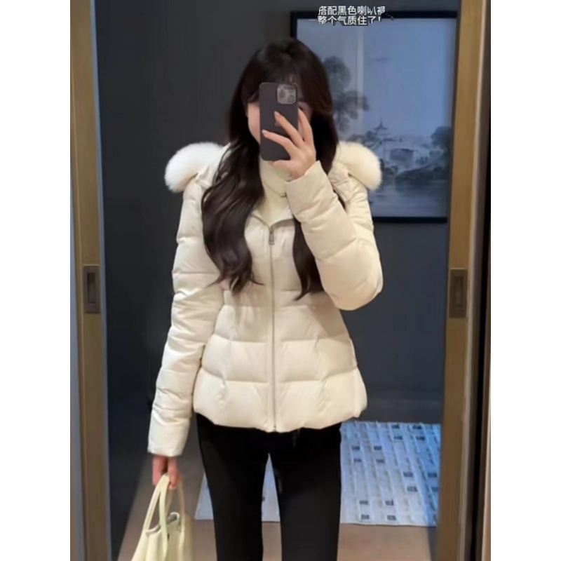 Thickened, waist-cinching, hooded, large-collar down jacket for women, white duck down, winter 2025, white cotton-padded jacket, high-end 90