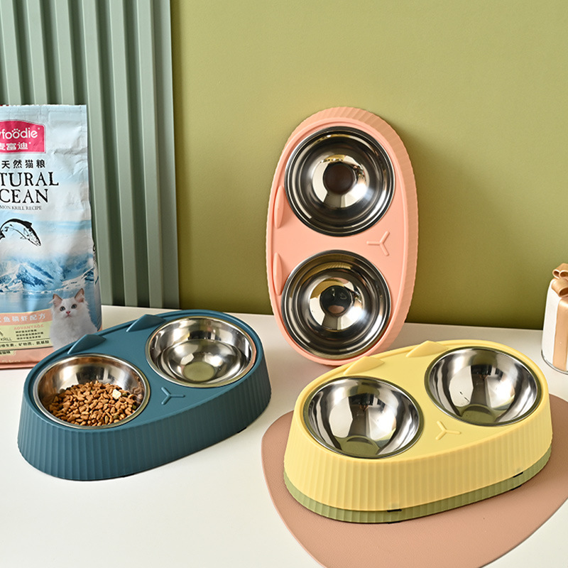 Pet stainless steel double-bowl dog food set, large-capacity dog bowl, anti-slip and anti-knock cat bowl, cervical spine protection pet supplies details Picture