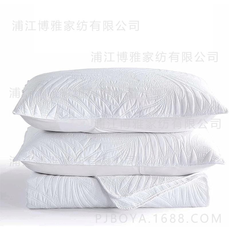 Leaf-shaped hotel universal bed cover jacquard three-piece set, polyester pure white ultrasonic high count and high density bedding Item Picture