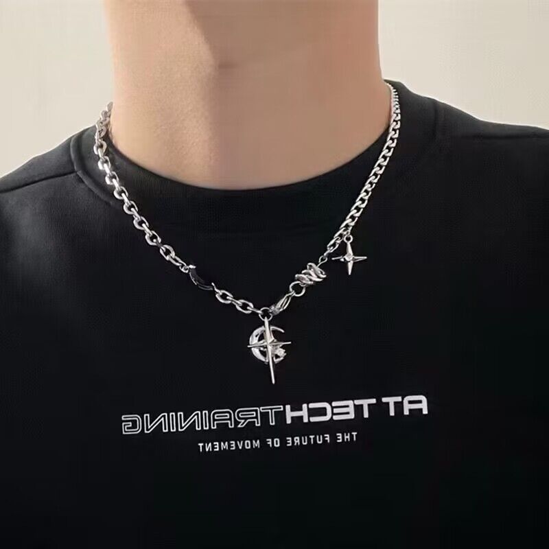 Titanium steel necklace, black gemstone starlight, European and American hip-hop street necklace, boys' niche design, high-end collarbone chain details Picture