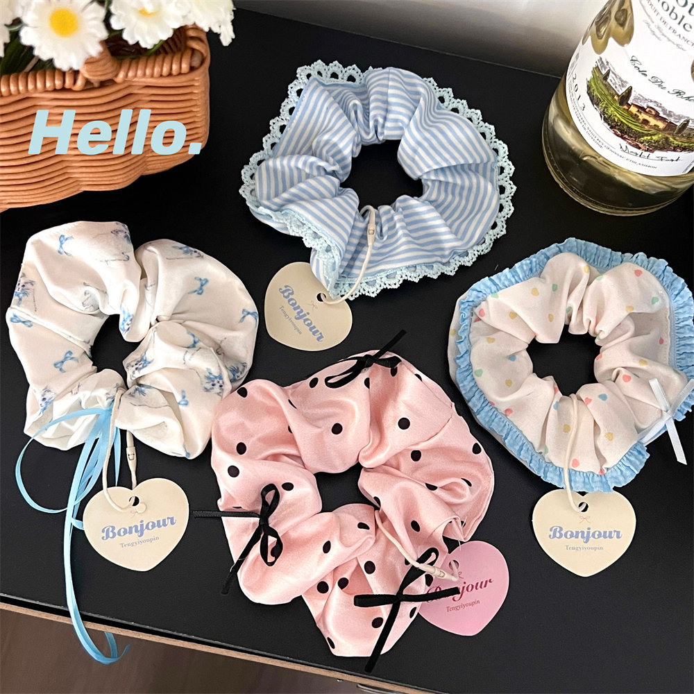 Summer refreshing bow, lace, large intestine hair tie, girlish country style, high-end look, large bun hair tie Specification image
