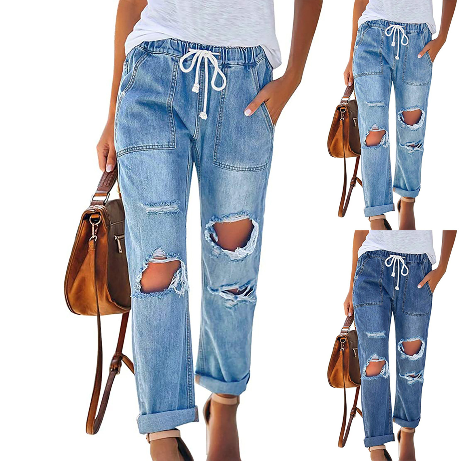 European and American framed cross-border supply classic elastic drawstring ripped jeans for women