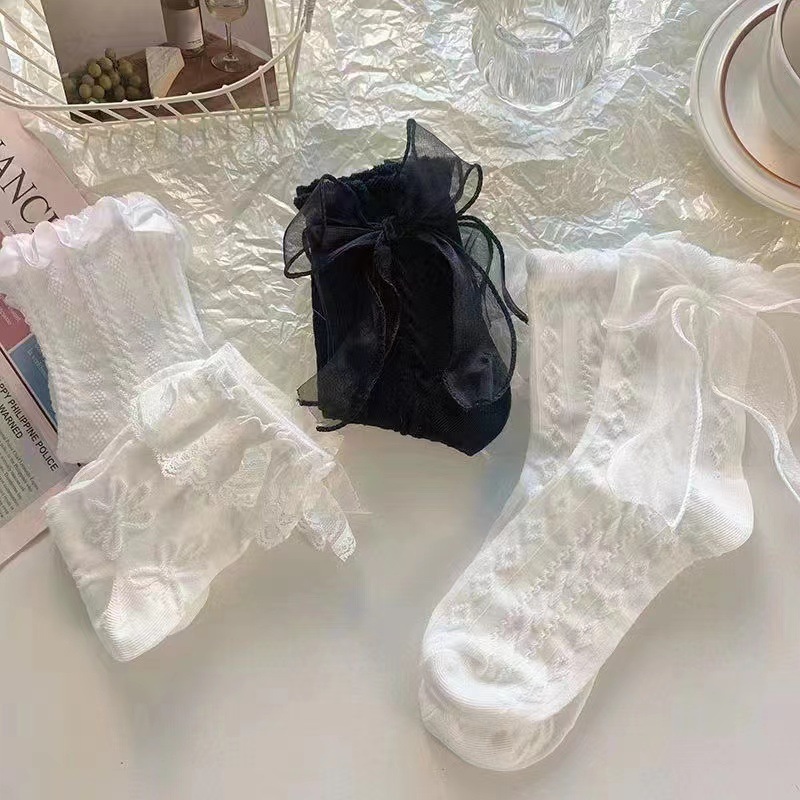 Mid-calf socks, summer thin Japanese sweet Lolita lace jk socks, simple white bow lace socks for women Item Picture