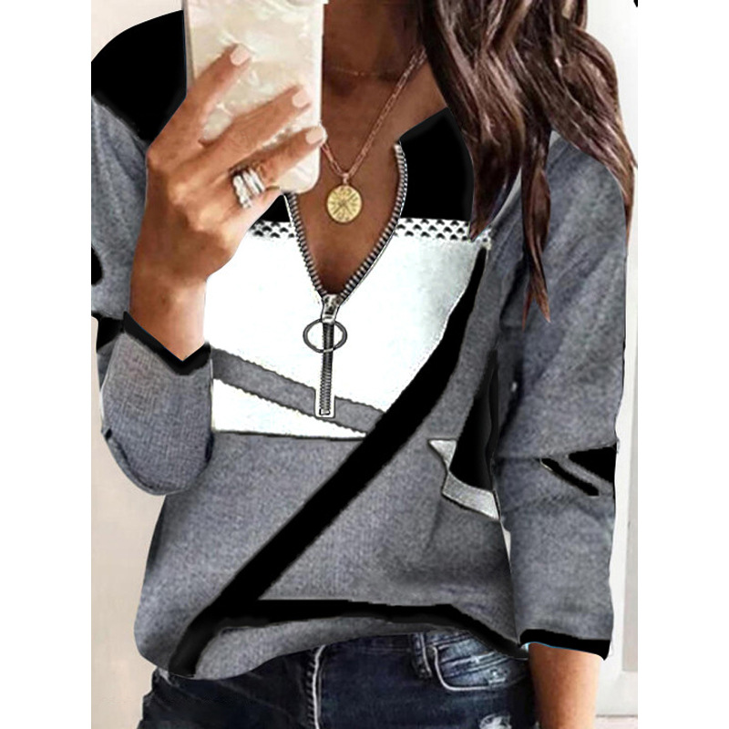 The 2021 Amazon cross-border Women's Clothing Autumn and Winter bestseller in Europe and America: A color-blocked V-neck zipper women's plus-size casual hoodie for women details Picture