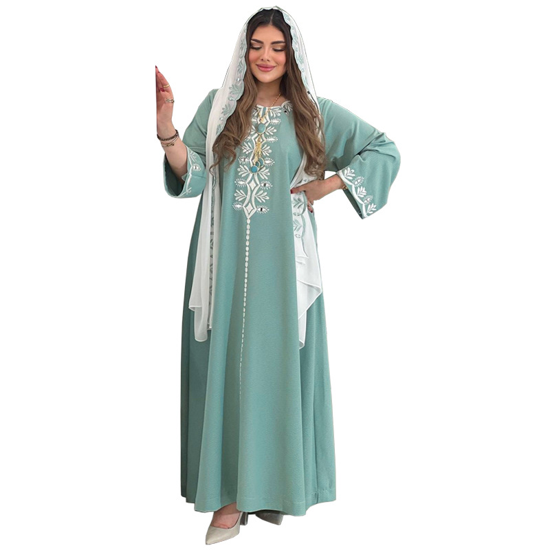 穆斯林长袍/阿拉伯长裙子/一件套女款连帽民族风/长袍女士宽松阿拉伯/女装女式v领时尚休闲白底实物图