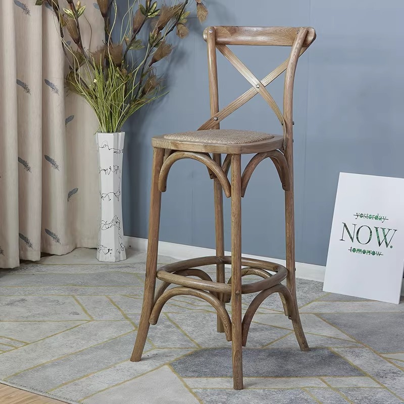 美式复古网红咖啡厅实木椅简约酒馆轻奢家用酒吧椅高脚靠背高吧椅