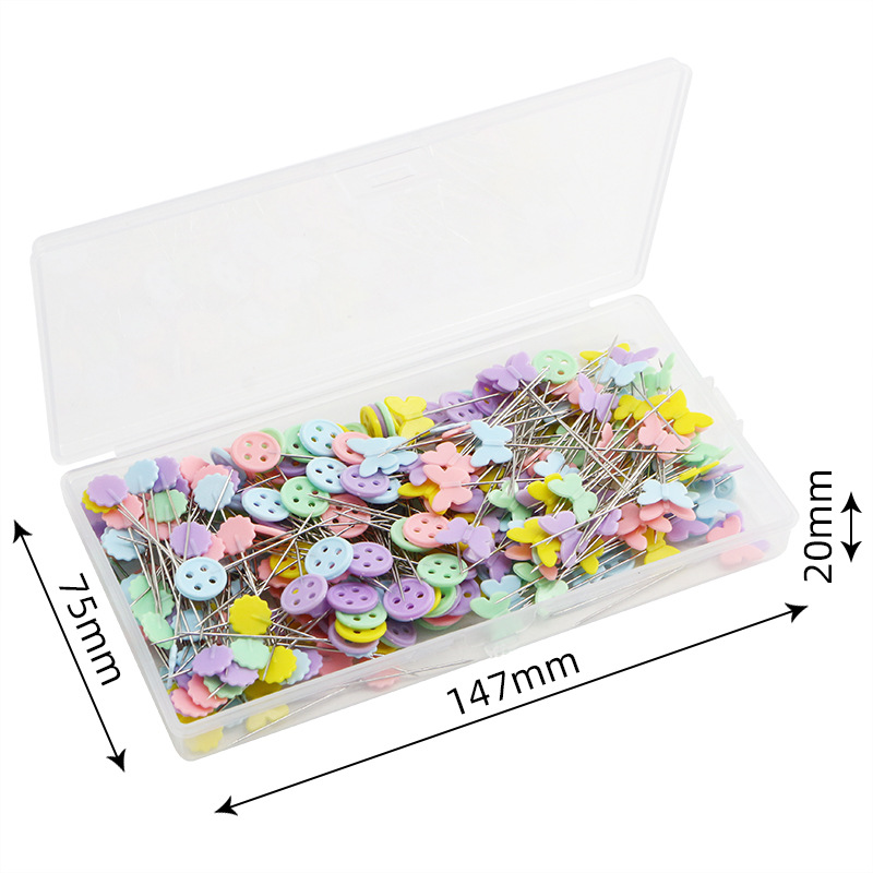 Cross-border PP hanging box contains 300 pieces per box, featuring multiple combinations of patterned needles, large-head quilted straight needles, butterfly and plum blossom button needles Application Scenario