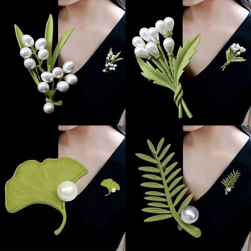 创意清新立体树叶珍珠胸针时尚胸花女别针领针高级服饰饰品brooch