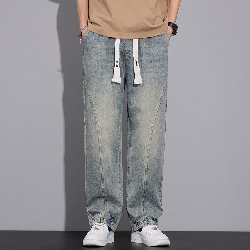 Spring new men's trendy jeans, American high street retro drawstring tight-waisted straight-leg loose wide-leg pants