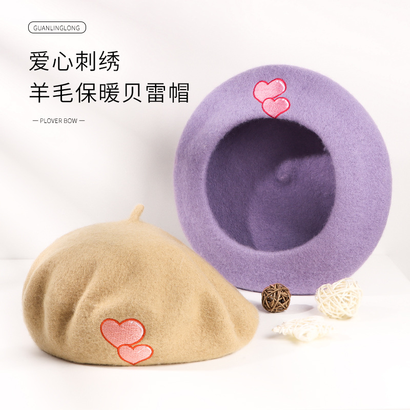 Factory stock Autumn/winter hats Ladies Love Embroidery beret Warm wool beret Day casual bud hat full figure