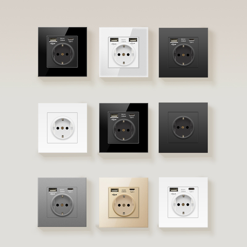 Type 86 European regulation European power socket black and white gold gray panel German standard Typec+USB European standard 16A glass panel 18026 full figure
