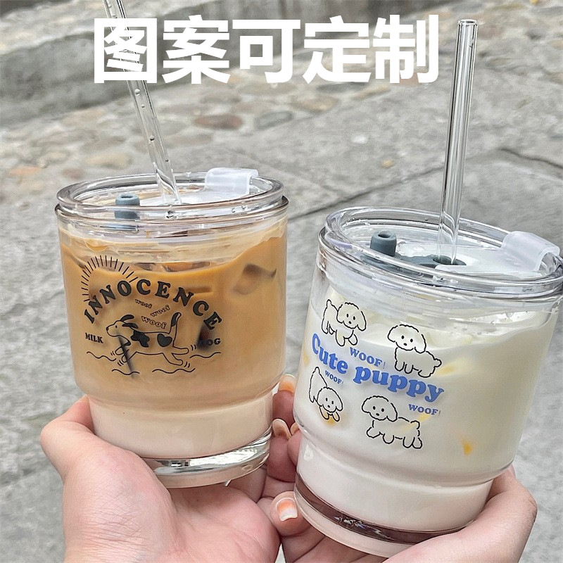 Korean Design Cartoon Dog Glass Bamboo Cup Straw Water Cup Coffee Cup Breakfast Cup With Cover Couple Cup