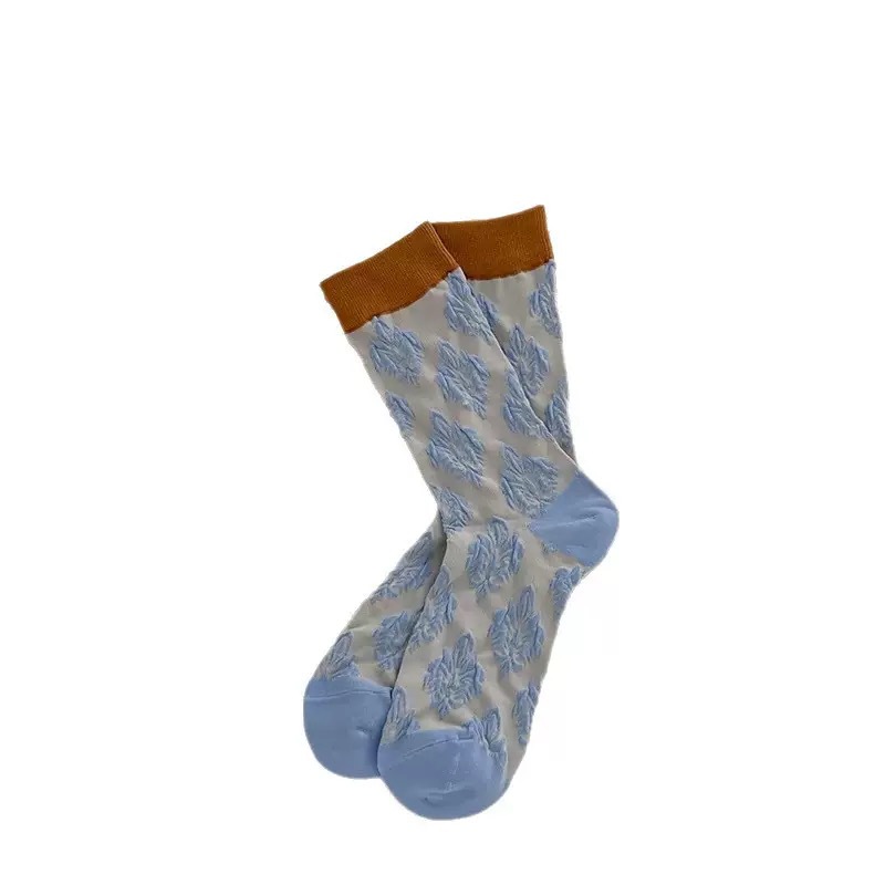 One-piece consignment of Japanese retro color-blocking relief patterned mid-calf socks for women, spring and summer plant and flower piles of socks, and Instagram trendy women's socks Item Picture